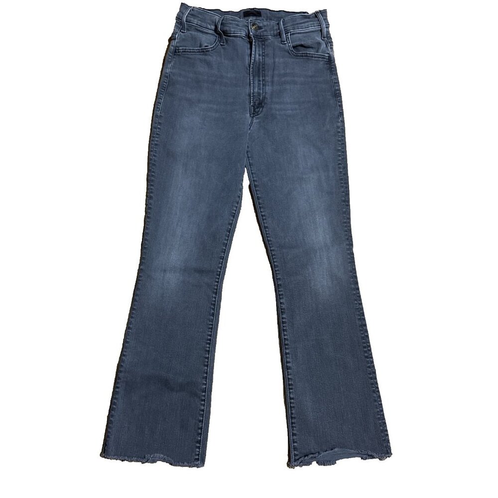 MOTHER Black Flare Wide Leg Jeans with Distressed Hem